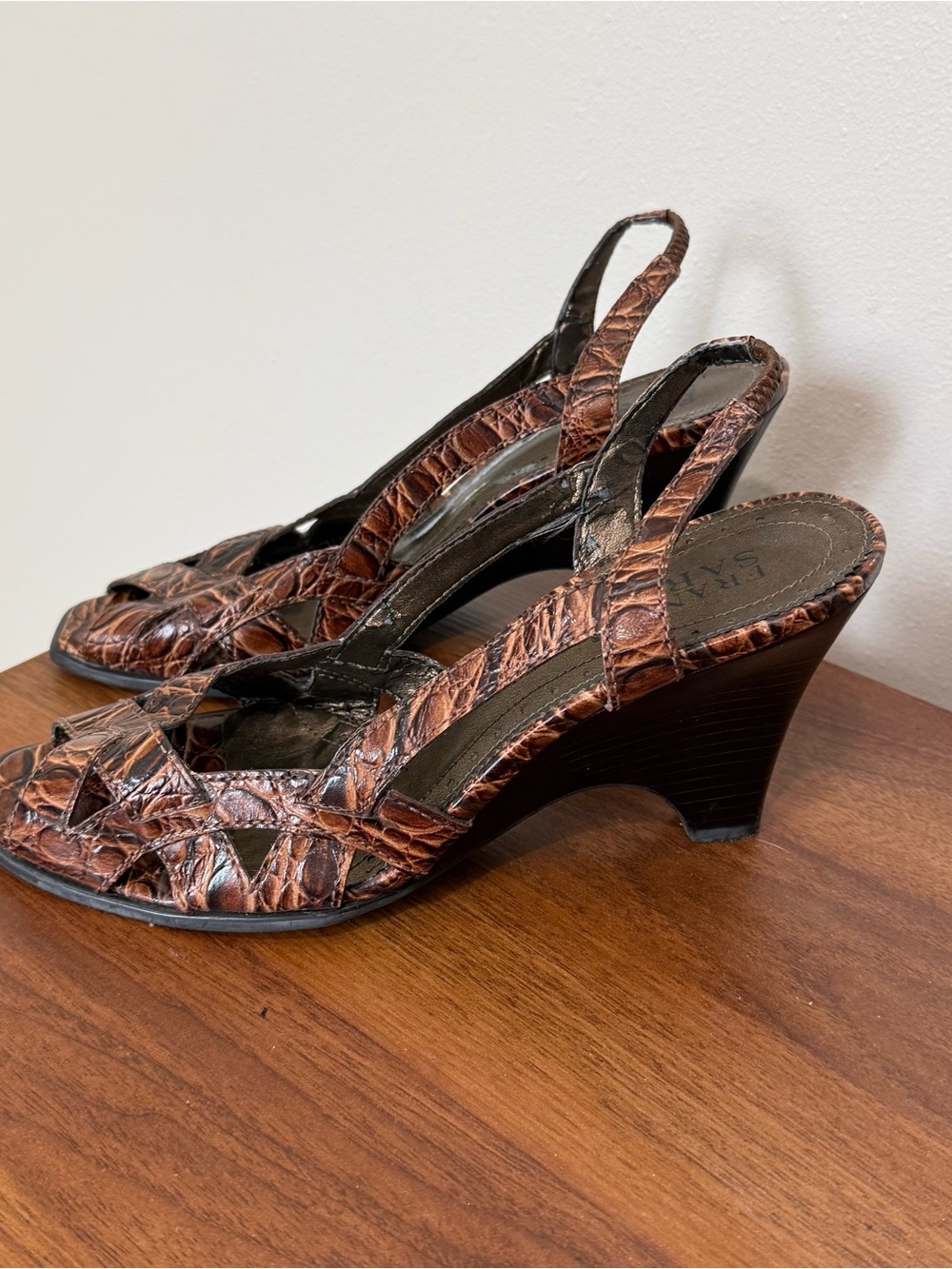 Franco Sarto Brown Croc-Texture Slingback Wedge Sandals